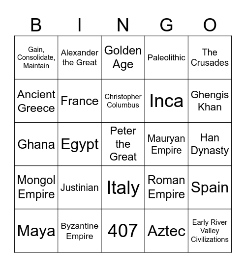 Global History I: Civilizations and Empires Bingo Card