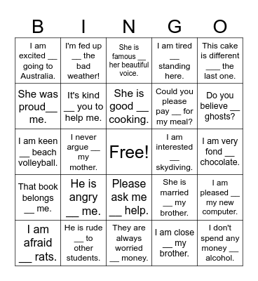 Dependent prepositions Bingo Card