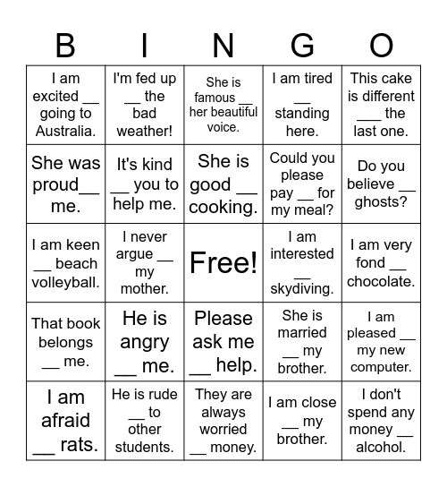 Dependent prepositions Bingo Card