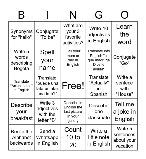 24 activities to practice English Bingo Card