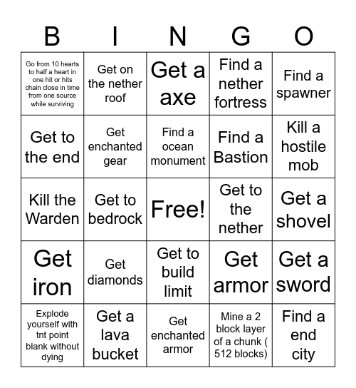 minecract Bingo Card