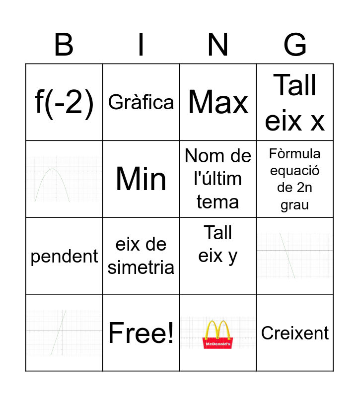 Quadratic Fuction Bingo Card