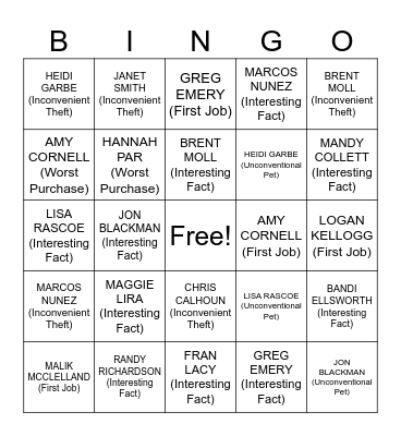 EMPLOYEE FUN FACT Bingo Card