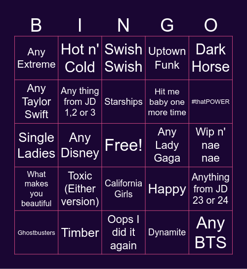 JUST DANCE Bingo Card