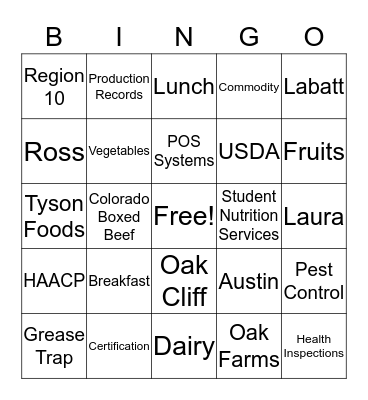 Student Nutrition Services Bingo Card