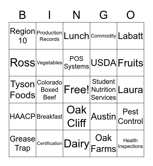 Student Nutrition Services Bingo Card