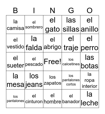 Espanol Las Ropas Bingo Card