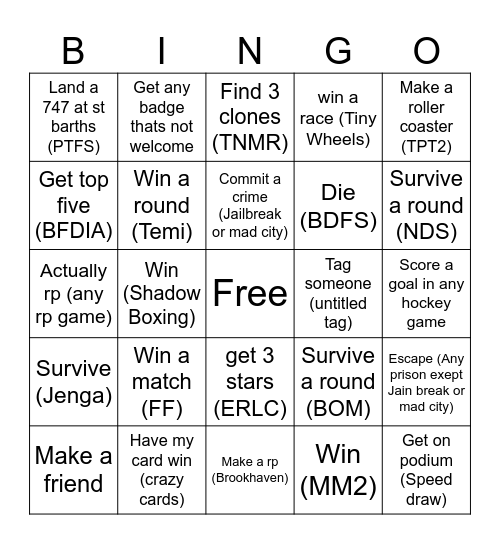 Roblox bingo Card