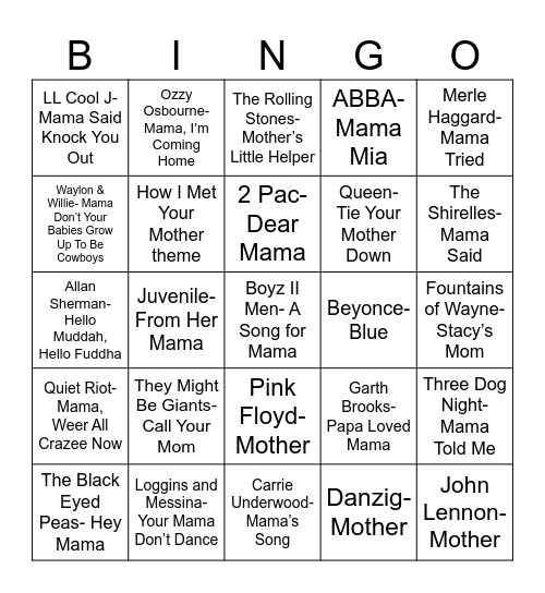 Radio Bingo Mother's Day Bingo Card