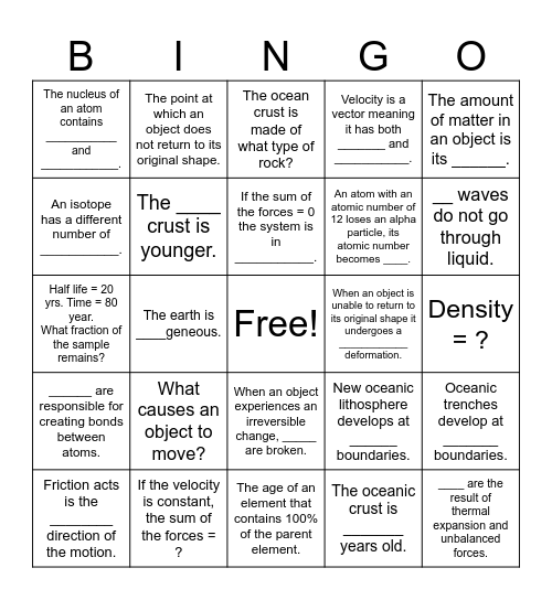 SEP Spring Final Review Bingo Card
