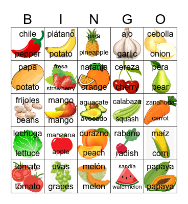 Comida/Food Bingo Card