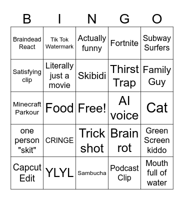 YT Shorts Bingo Card