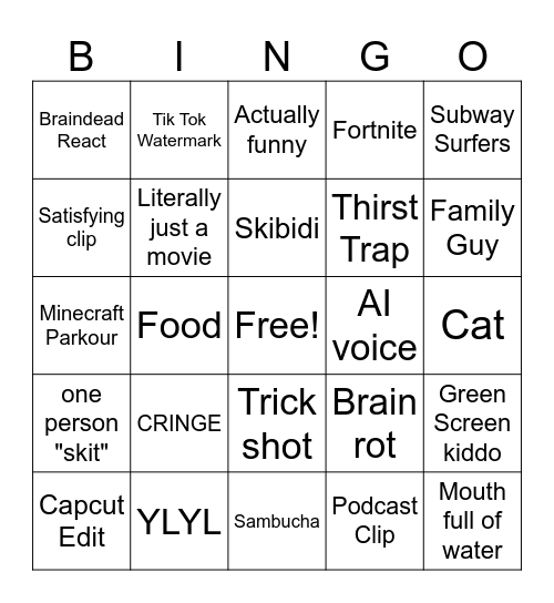 YT Shorts Bingo Card