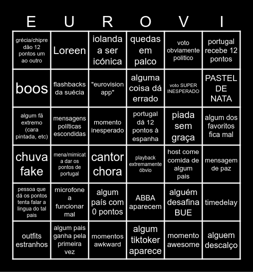 EUROVISION Bingo Card