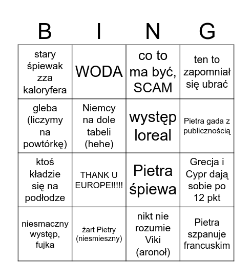 Eurowizja 2024 Bingo Card