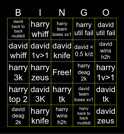 david vs harry Bingo Card