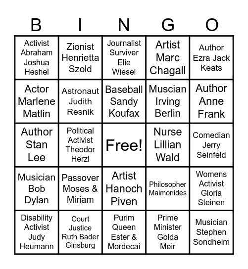 Jewish Heroes Bingo Card