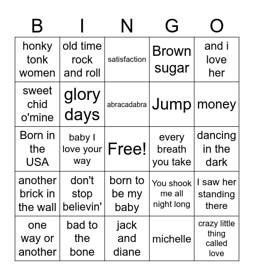 Classic Rock Bingo Card