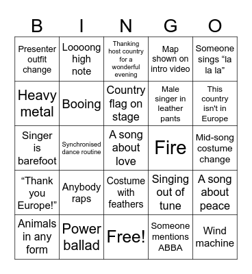 EUROVISION BINGO SHEET 1 Bingo Card