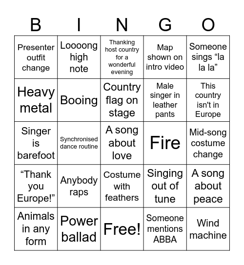 EUROVISION BINGO SHEET 1 Bingo Card