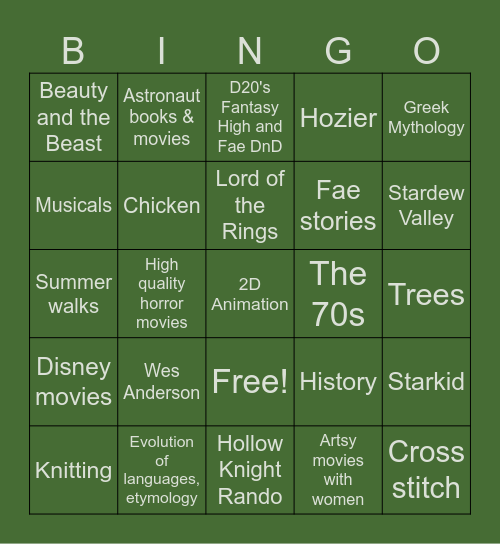 Special Interest Bingo Card