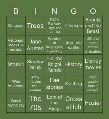 Special Interest Bingo Card