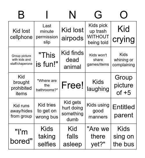 8th Grade Picnic BINGO Card