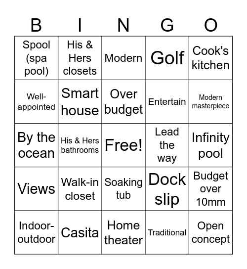 Million Dollar House Hunters Bingo Card