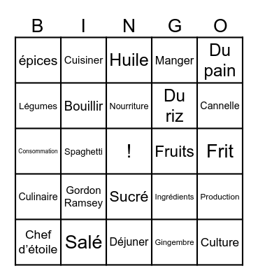 Cuisiner Bingo Card