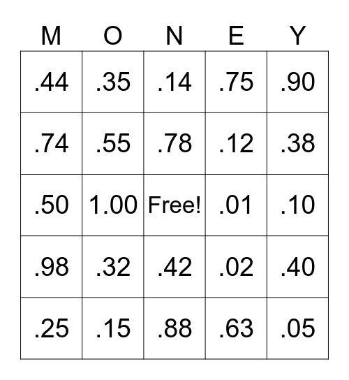 Money Bingo Card