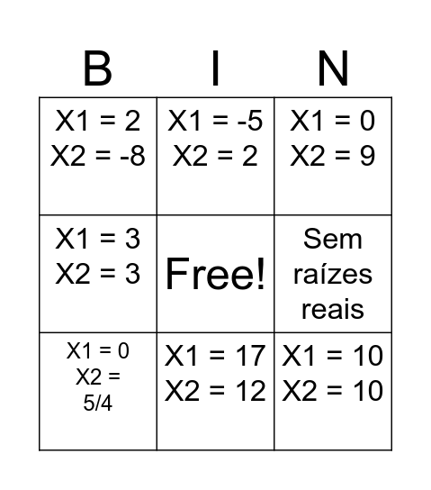 Bingo da Equação do 2º grau Bingo Card