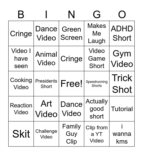 YT Shorts Bingo Card