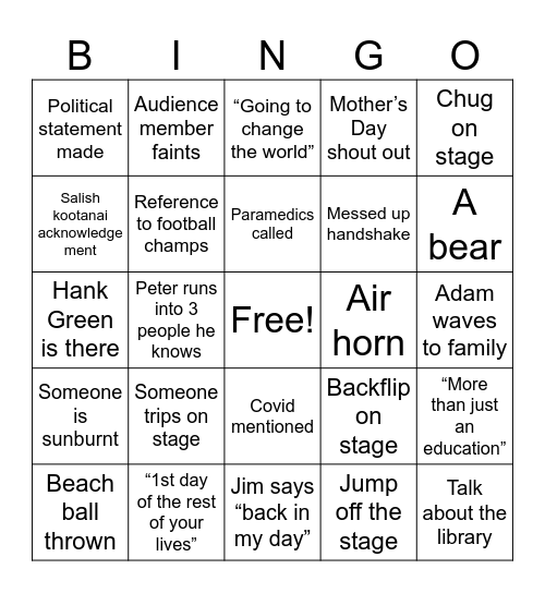Adam’s Graduation Bingo Card
