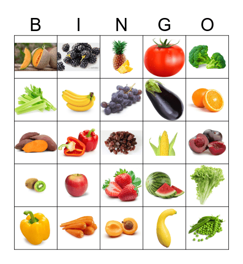 Red, Yellow, Purple, Orange and Green Food Bingo Card