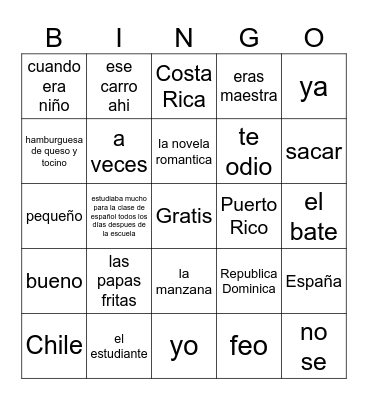 Español 2 - Repaso Bingo Card