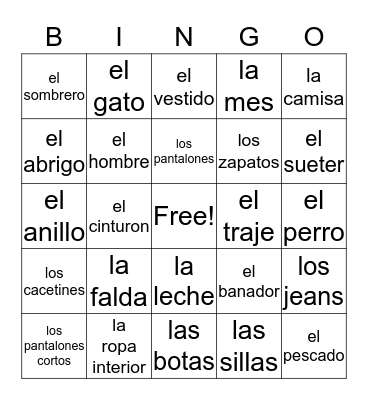 Espanol Las Ropas Bingo Card