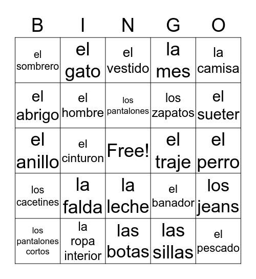 Espanol Las Ropas Bingo Card