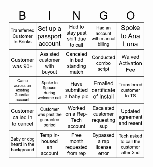 Employee of the Month BINGO Card