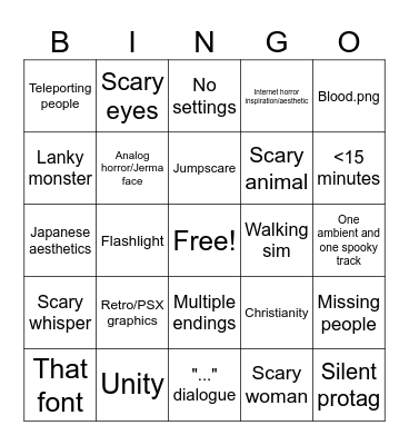 Horror game bingo Card