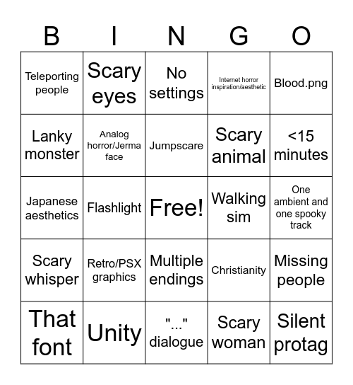 Horror game bingo Card