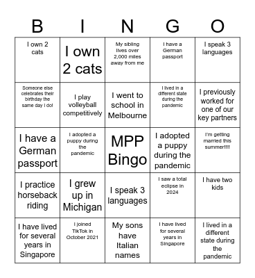MPP Icebreaker Bingo Card