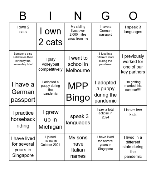 MPP Icebreaker Bingo Card