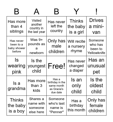 Baby Shower Bingo: Find someone who meets the description on the card. When you get five in a row, win a prize! Bingo Card