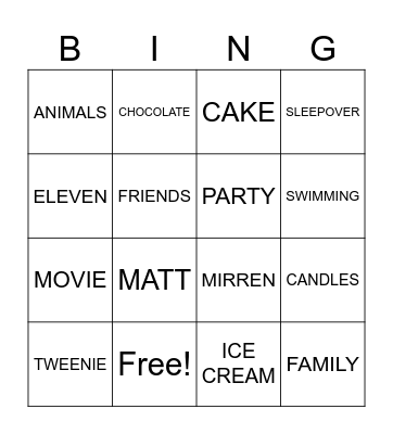 Rubys Birthday Bingo Card