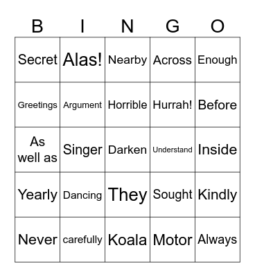 PARTS OF SPEECH Bingo Card