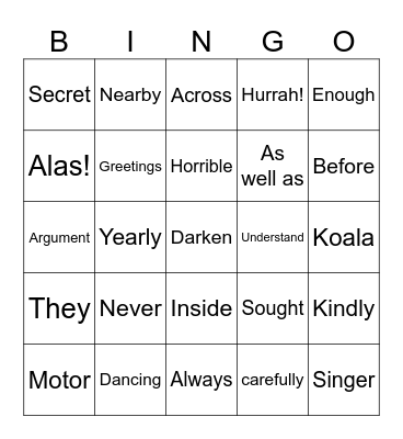 PARTS OF SPEECH Bingo Card