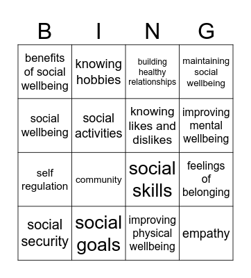 Social Wellbeing Bingo Card