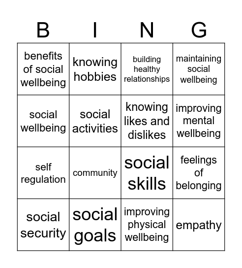 Social Wellbeing Bingo Card