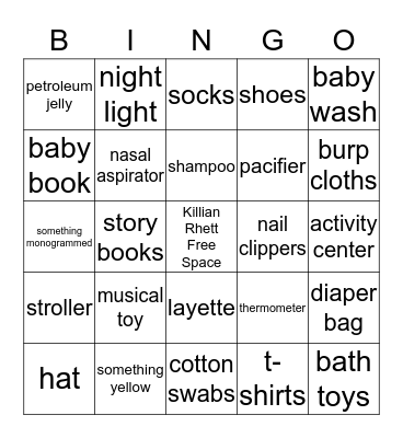 Killian's Baby Shower Bingo Card