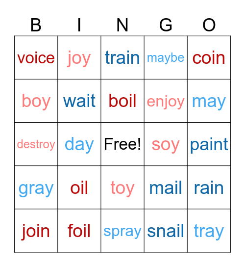 oi oy ai ay Bingo Card